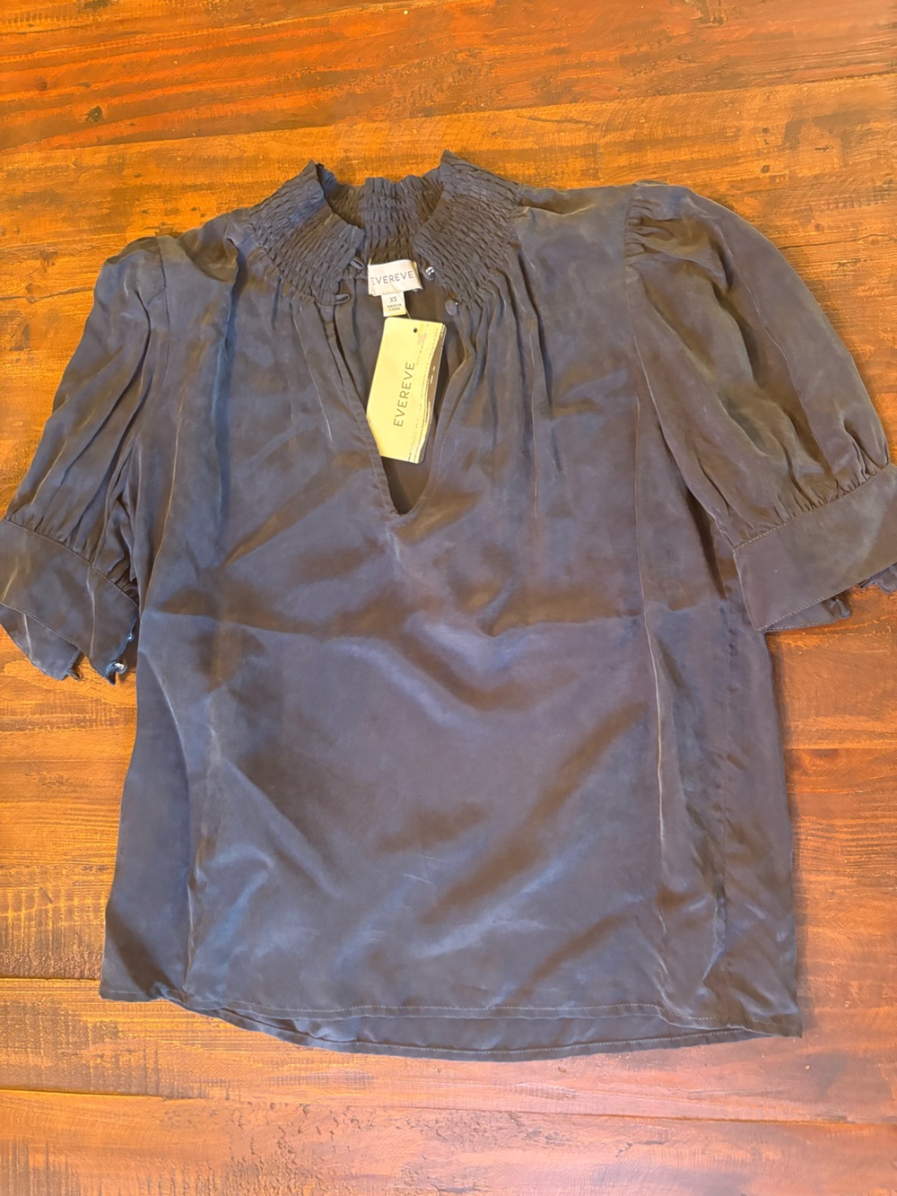 Evereve Navy Smocked Neck Short Puff Sleeve Blouse